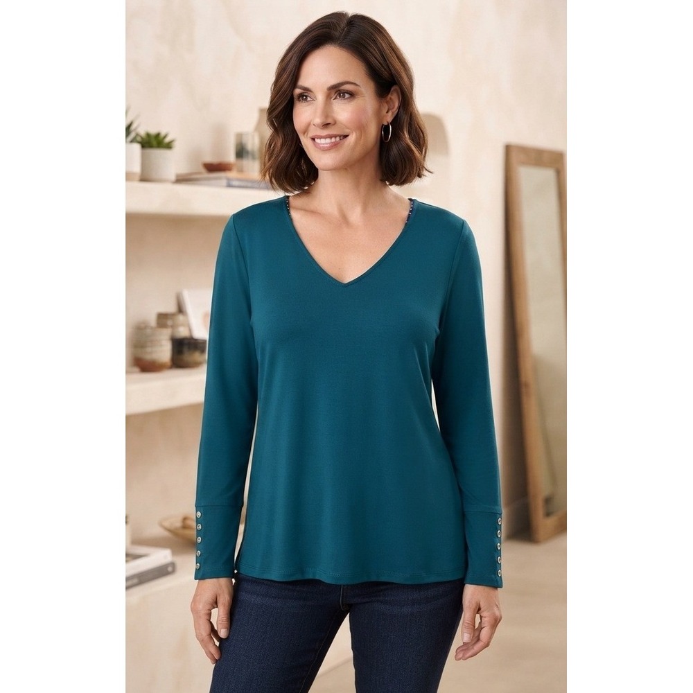 Susan Graver Liquid Knit VNeck Tunic Top Women L Snap Cuff Teal Vacation Stretch